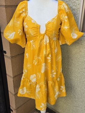 Style House Yellow Floral Puff-Sleeve Mini Dress